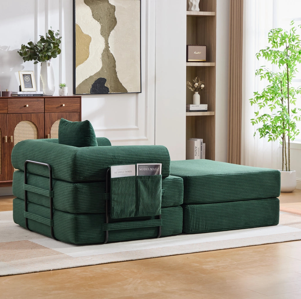 Divano modulare 190x112x67 cm verde, tasca laterale, velluto a coste