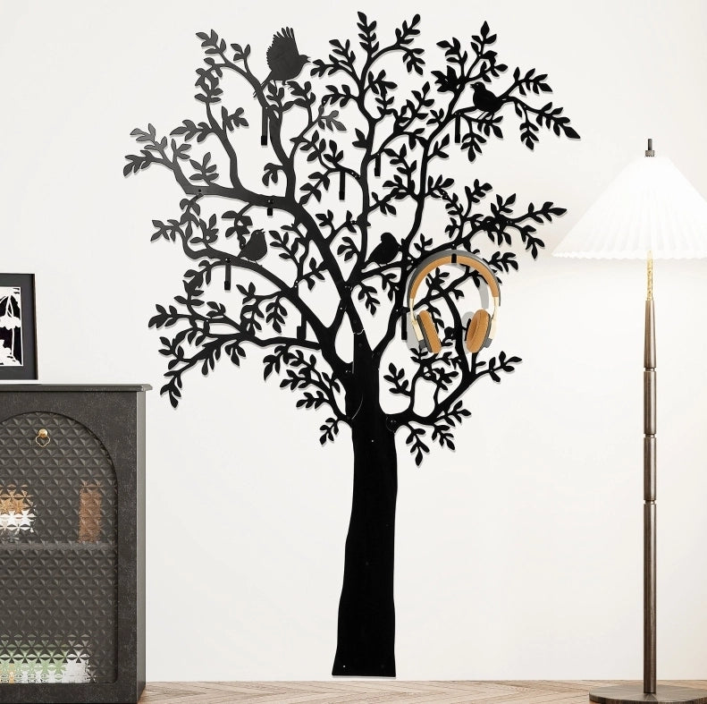 Appendiabiti da Parete in Metallo Nero con Design Albero e Uccelli, 120x175 cm