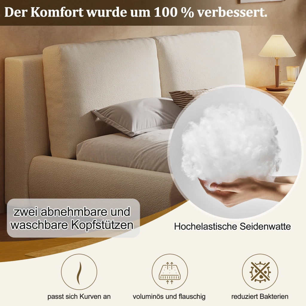 Letto matrimoniale 160 × 200 cm contenitore idraulico, testiera imbottita, senza materasso, bouclé beige
