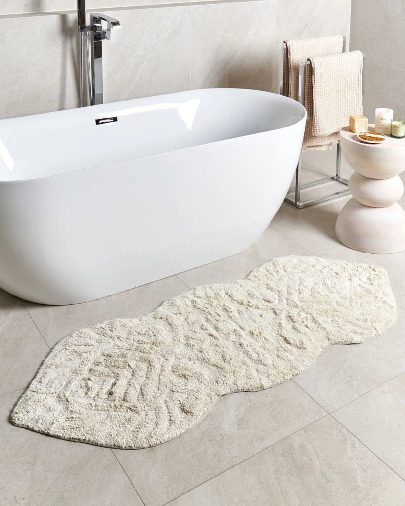 Tappeto da bagno Beige Cotone 150 x 60 cm Forma irregolare Motivo decorativo Tappeto da bagno Accessori da bagno Design moderno