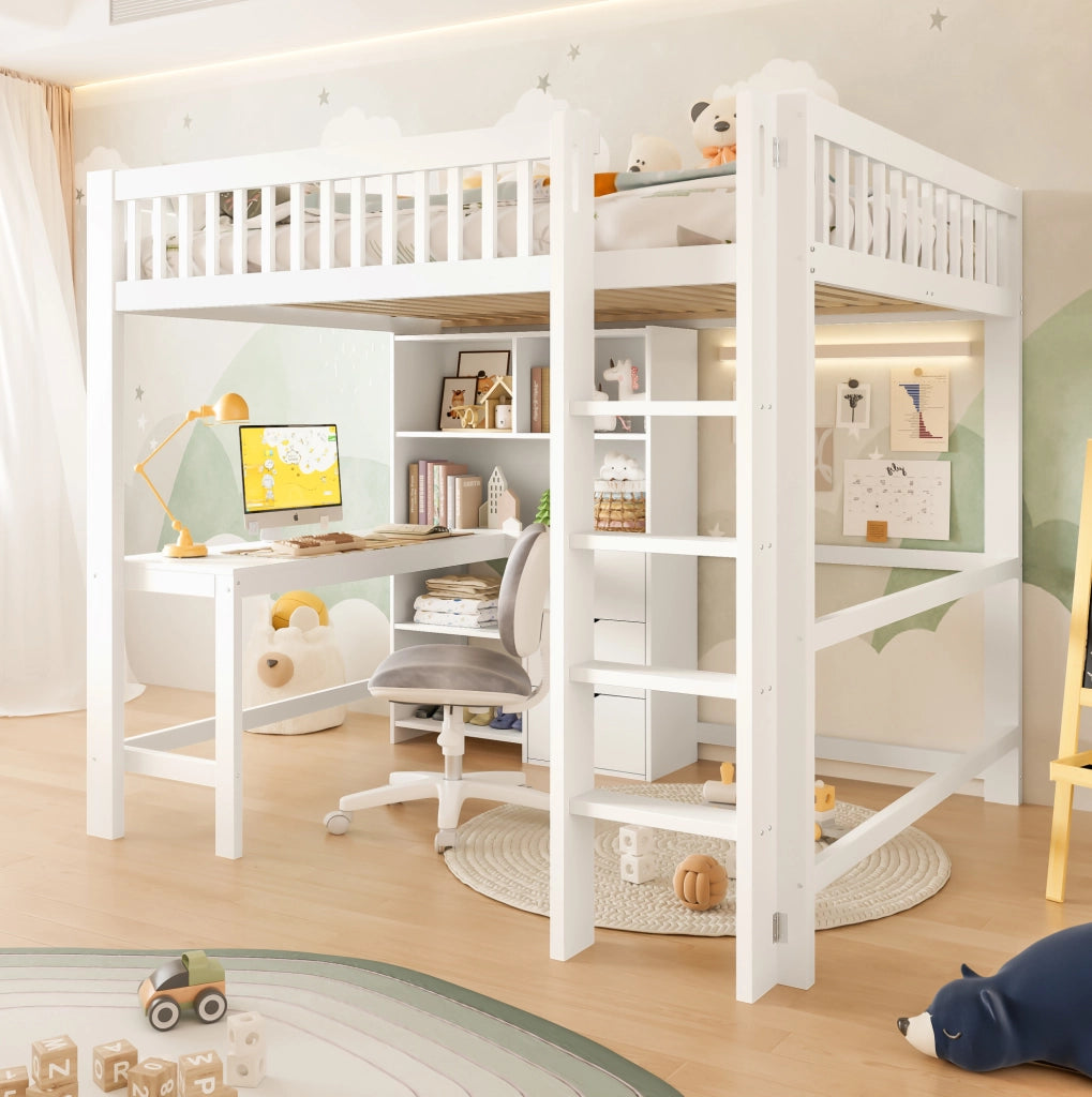 Letto a soppalco bianco 140x200 cm con scrivania e 3 cassetti