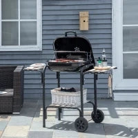 Barbecue a Carbone con Coperchio, Ripiani e Ruote, Completo di Spatola, Pinza e Coltello, Nero