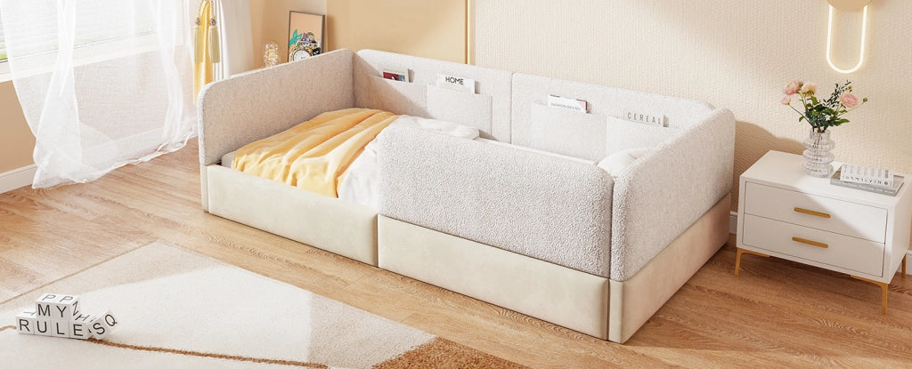 Letto a piattaforma imbottito 90x200 cm con sponde protettive e tasche portaoggetti, bianco