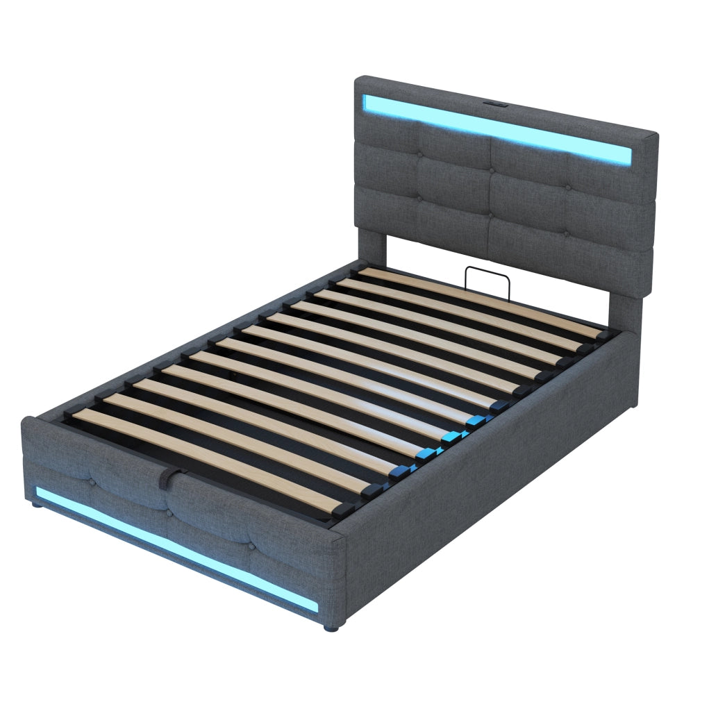 Letto imbottito 90x200 cm con LED RGB; USB e testiera regolabile in tessuto grigio