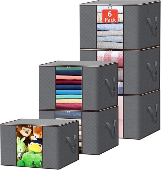 Sette Pacchi 90L Zucca di Stoccaggio con Coperchio Grande Box di Stoccaggio con Coperchio sotto il Letto Box di Stoccaggio pieghevole con Maniglia Rafforzata per Abiti - Coperte - Tende - Grigio