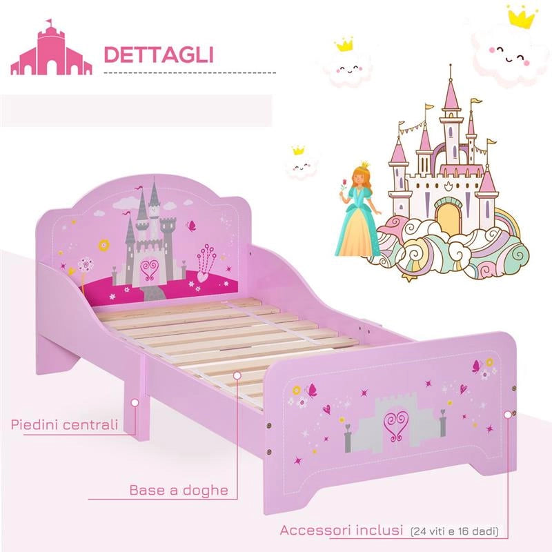 LETTO PER BAMBINI DA 3-6 ANNI CON SPONDE DI SICUREZZA E DOGHE IN LEGNO 143L X 73P X 60A CM ROSA