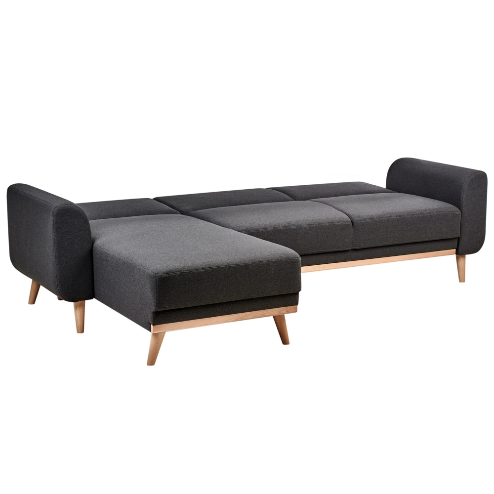 Divano letto ad angolo Rivestimento nero in tessuto poliestere Gambe in legno chiaro Cuscini Design moderno