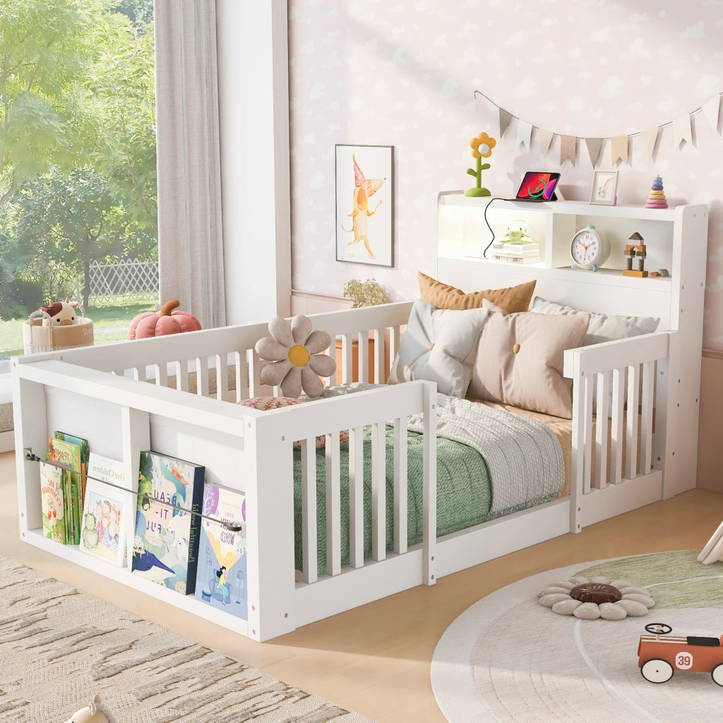 Letto per bambini singolo 90×190 cm con sponde alte; USB; luce notturna e vano; senza materasso; bianco