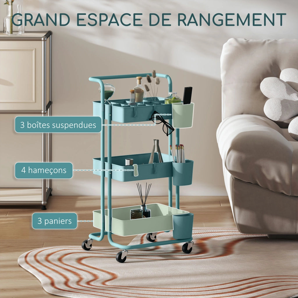 Carrello a 3 livelli con 4 ganci e 3 contenitori sospesi ¨C zephmum ¨C 42x38x86,5 cm blu-verde