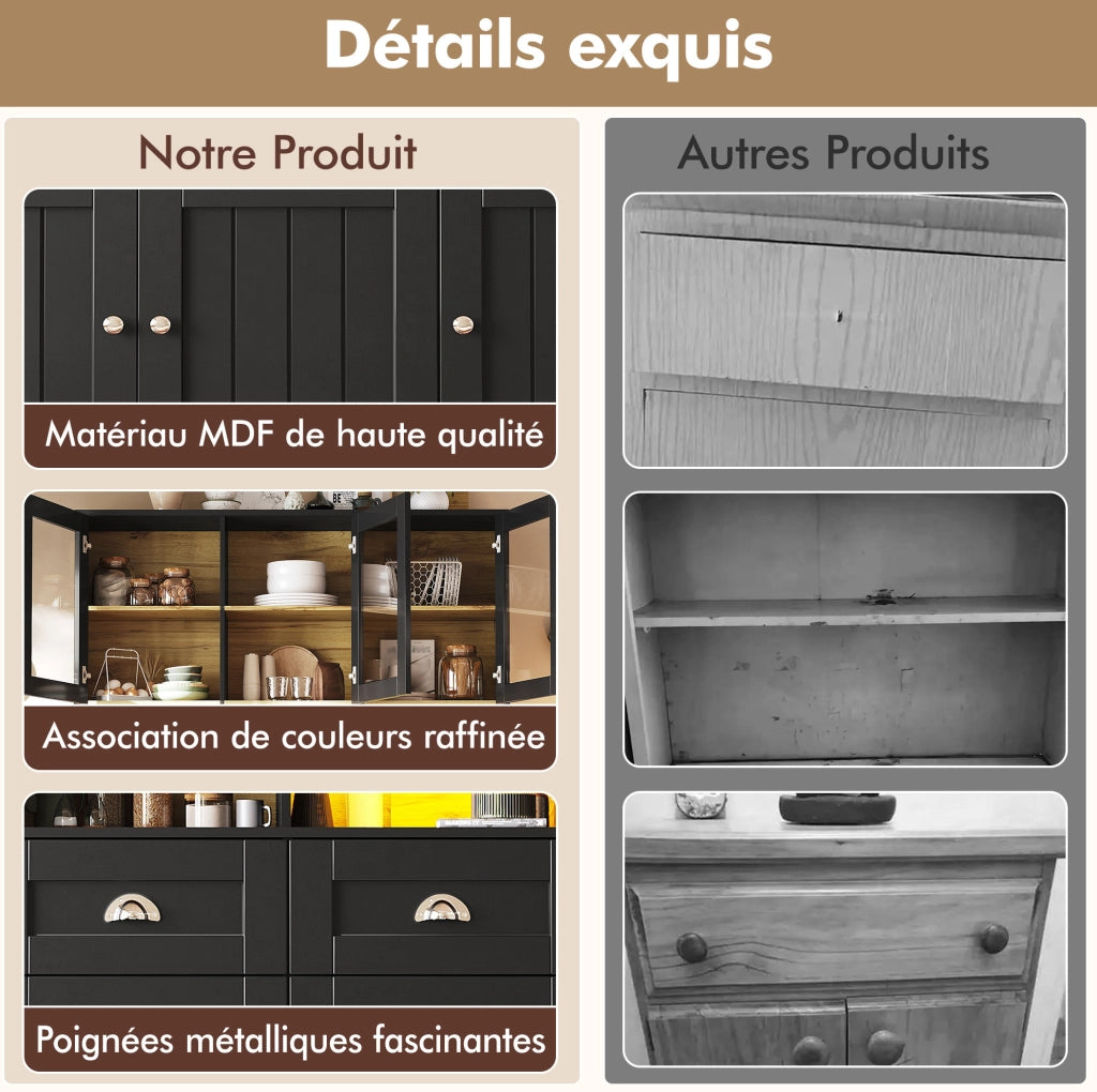 Credenza alta da cucina 140x40x175 cm con LED; 3 cassetti e ripiani regolabili; nera