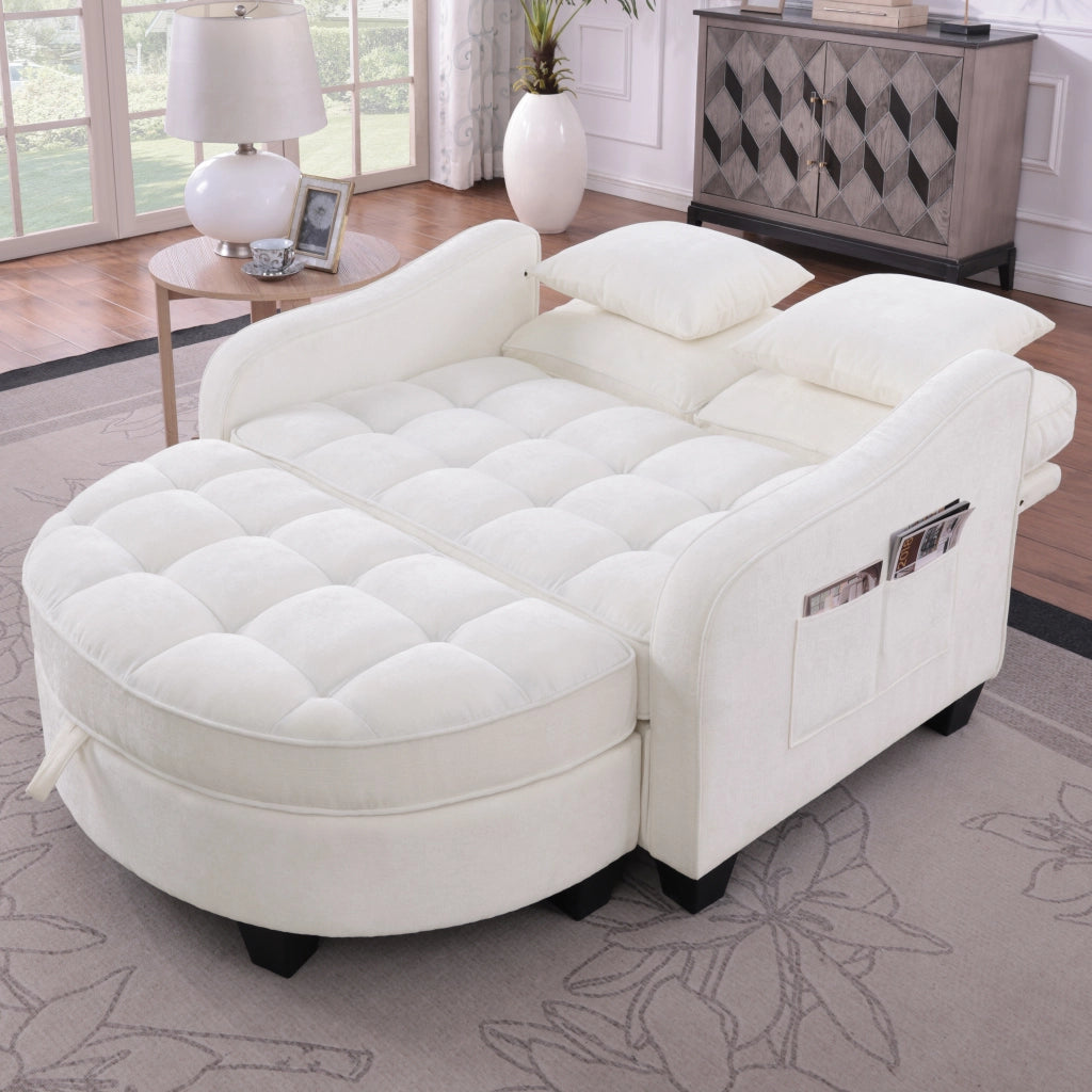 Divano Letto 2 in 1 con Pouf Contenitore, Conversione Rapida, in Legno di Eucalipto e Tessuto, Beige