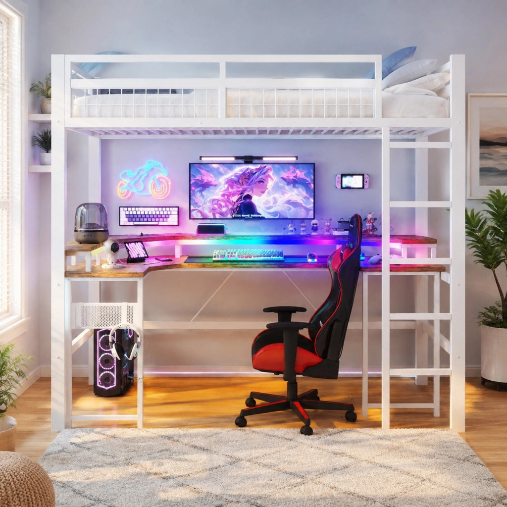 Letto a soppalco 90x200 con scrivania LED e prese, bianco