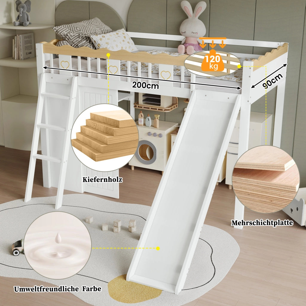 Letto a castello bianco e naturale con scivolo per bambini in legno massiccio e MDF 90x200 cm