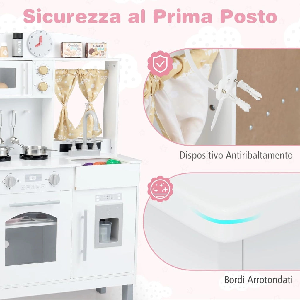 Cucina Giocattolo per Bambini, Cucina Finta in Legno Regolabile in Altezza, Forno a Microonde, Fornelli, Lavello, Forno, Fabbricatore di Ghiaccio, Cucinetta Giocattolo con Tende, per 3+ Anni