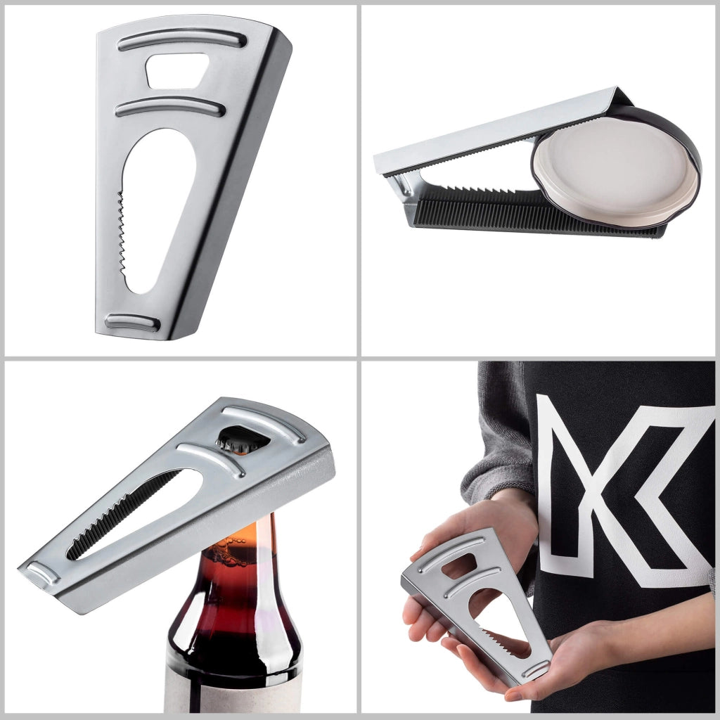 Apribottiglie KADAX per barattoli, bottiglie, coperchi e tappi, universale, manuale, 2 in 1