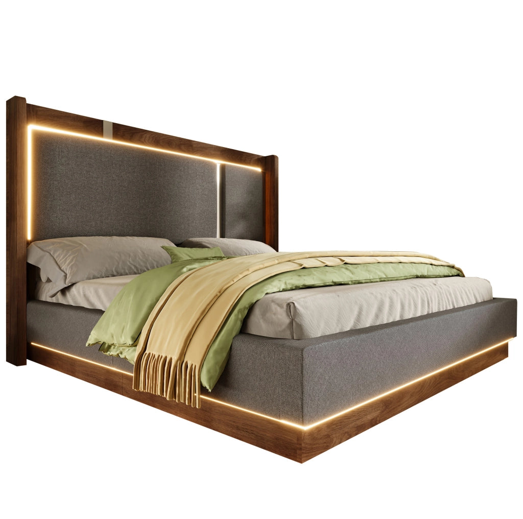 Letto matrimoniale 180x200 cm con contenitore; LED integrati; grigio e noce