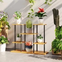 Supporto Piante Interno Mensola Piante a 6 Livelli, Telaio in Acciaio, Base in Legno Massiccio, 80 x 24 x 61,5 cm, Legno Naturale