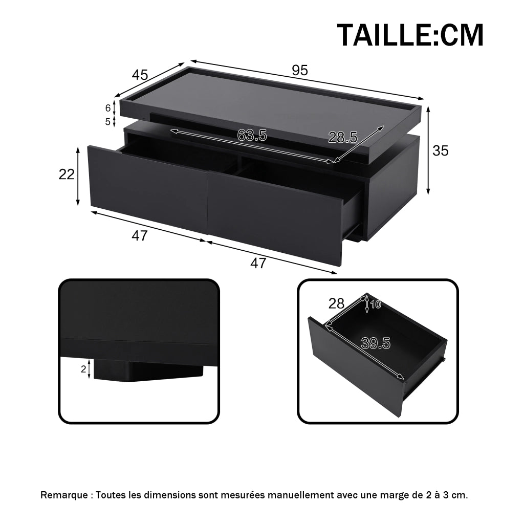 OKWISH Tavolino da Salotto con 2 Cassetti e Vano Semiaperto, LED con Controllo da App, per Soggiorno, Pannello di Truciolare, Nero, 95 x 45 x 35 cm