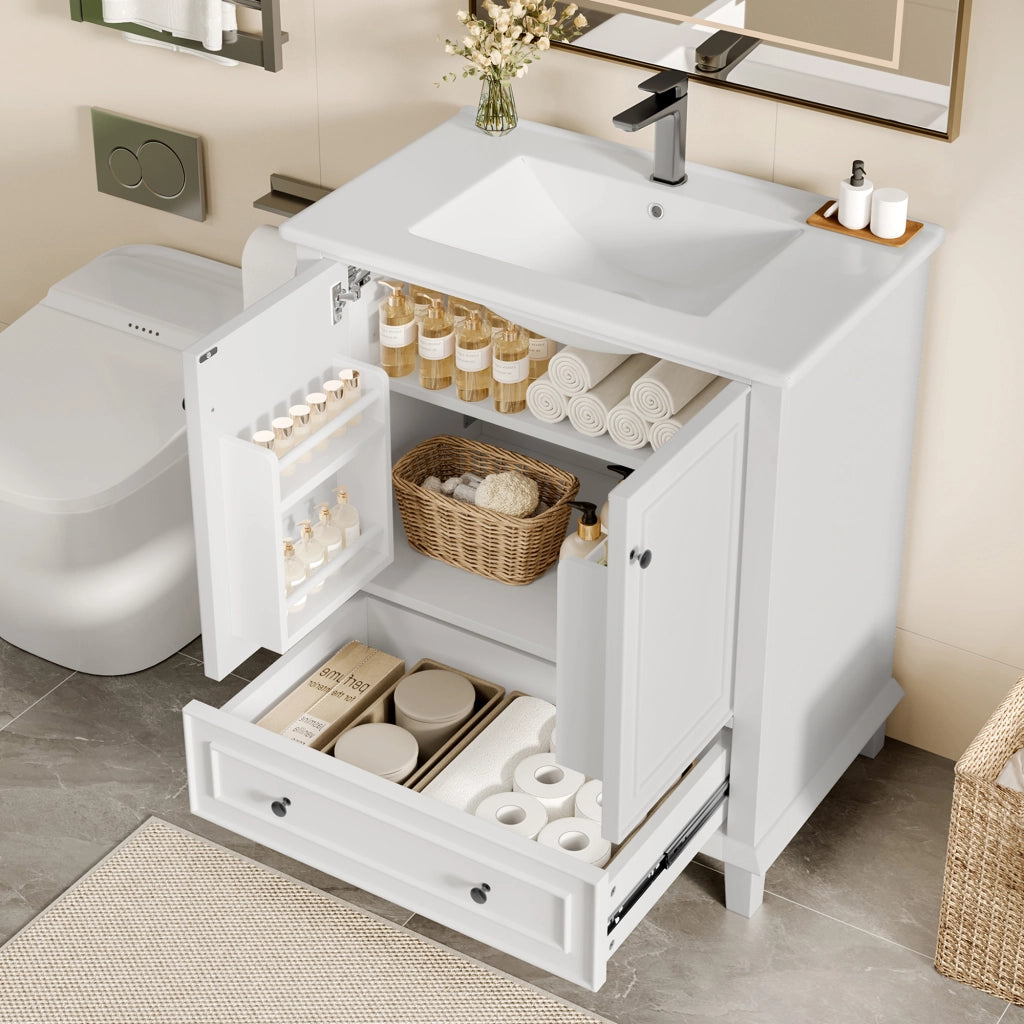 Mobile sottolavabo da bagno con lavabo in ceramica, 2 ante, 1 cassetto e ripiano regolabile, bianco, 76 × 46 × 87 cm