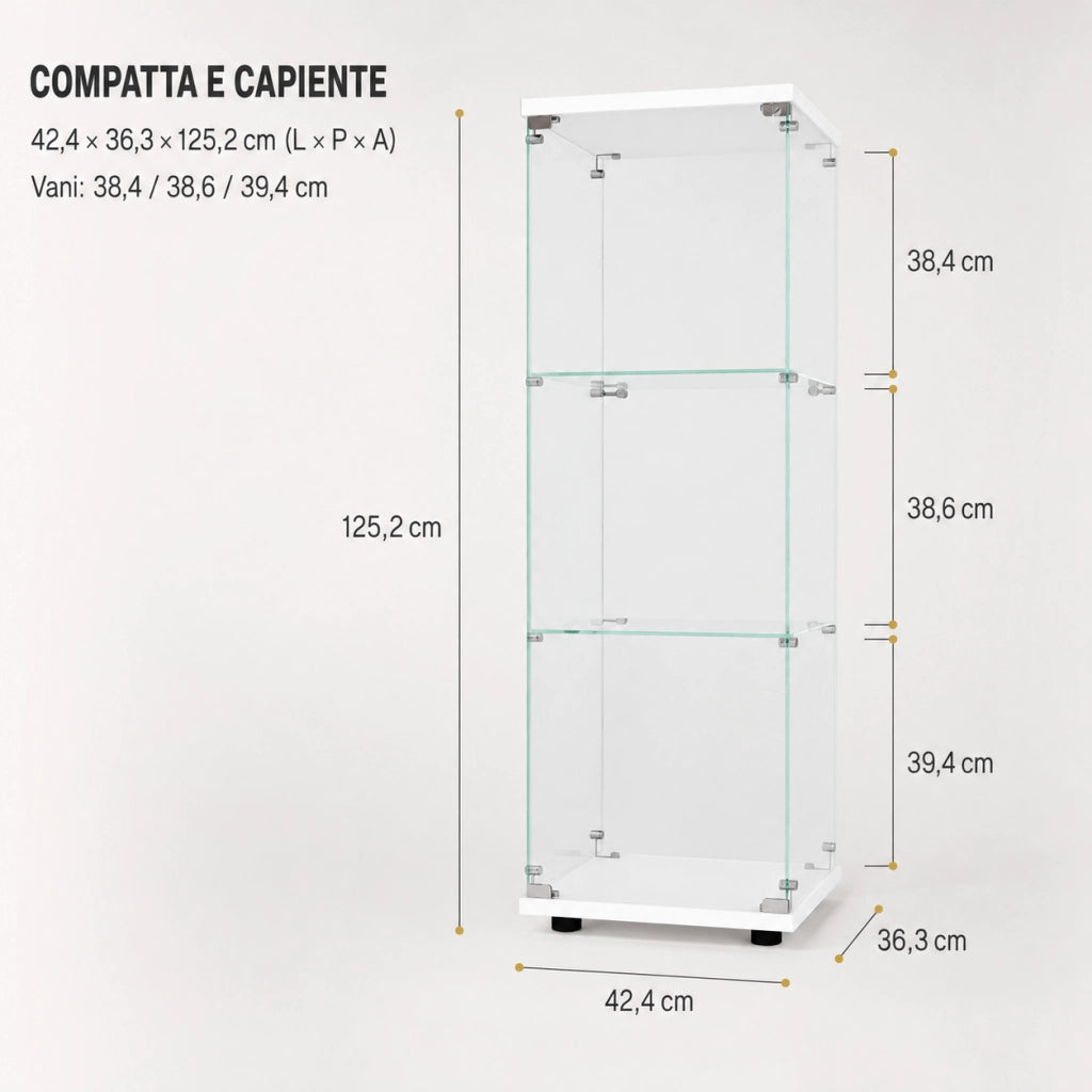 Vetrina espositiva in vetro temperato colore bianco con serratura e chiavi, 42,4x36,3x125,2cm, ripiani regolabili per figurine e collezioni