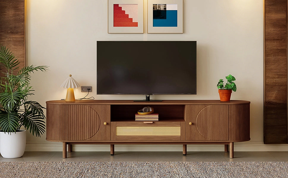 Mobile TV moderno in MDF con ante semicircolari, vani aperti e cassetti, colore noce
