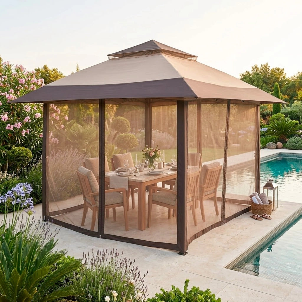 Gazebo Pop Up Da Giardino 4 X 4 Metri Con Tetto Allargato E Zanzariere Altezza Regolabile Da 2.7 X 2.9 M Apertura Rapida E Borsa Di Trasporto Inclusa Per Feste Piscina Campeggio Eventi Kaki