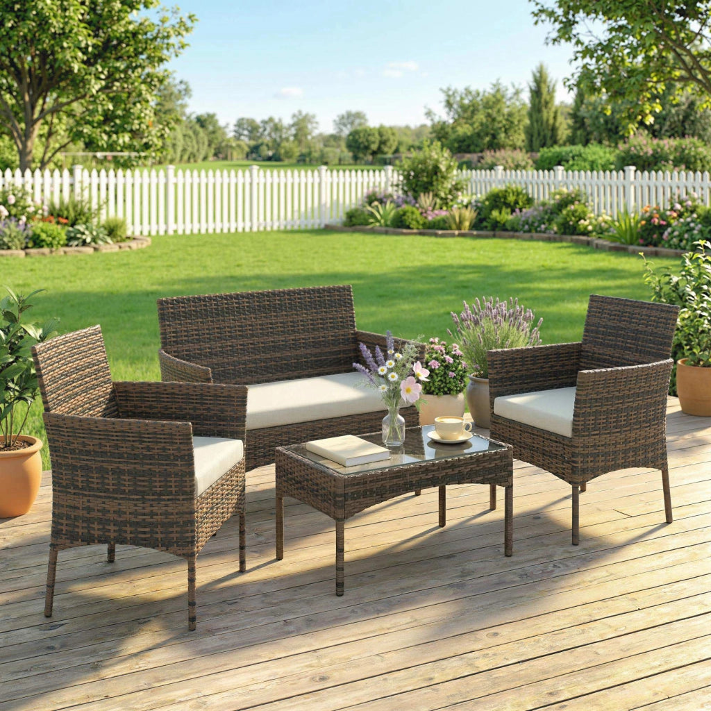 Set da giardino 4 posti in polyrattan con divani e tavolino in vetro ¨C zephmum ¨C beige