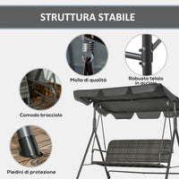 Dondolo da Giardino 3 Posti 167x112x153 cm con Tettuccio Regolabile in Rattan PE Grigio Scuro