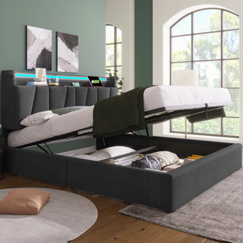 Letto contenitore 140x200 cm con testiera con prese e LED RGBW in lino grigio