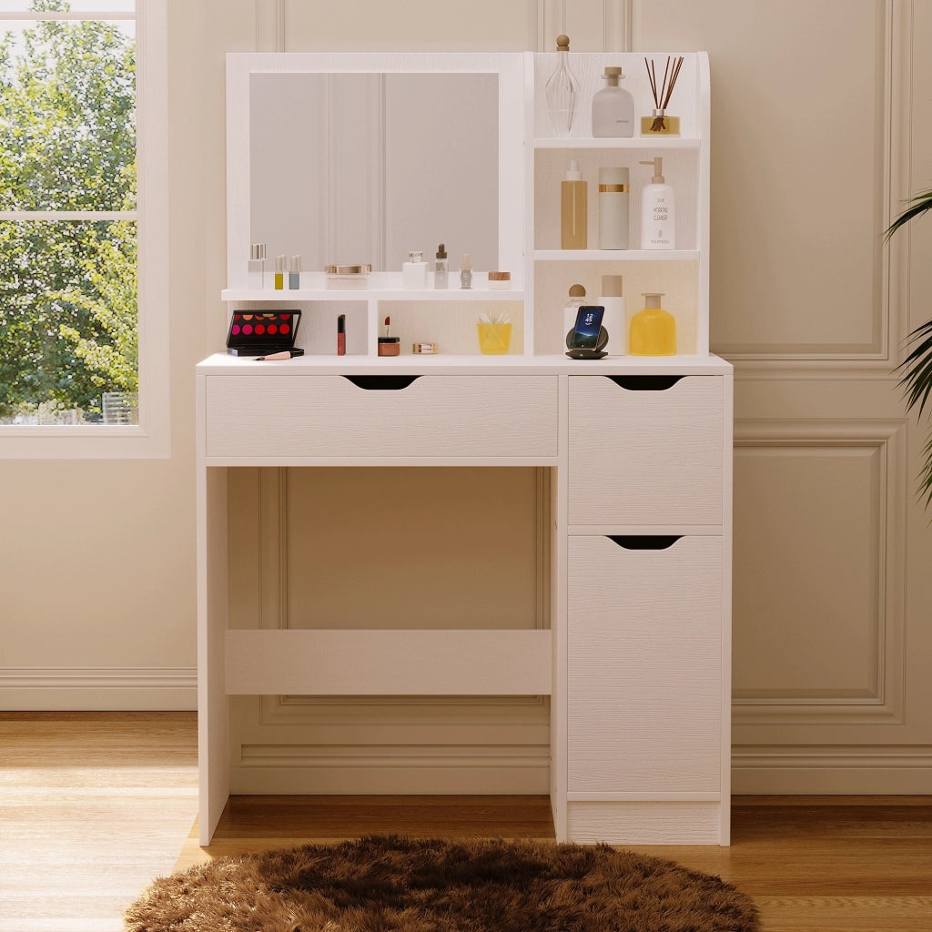 Moderna toeletta bianca con cassetti e specchio in stile scandinavo