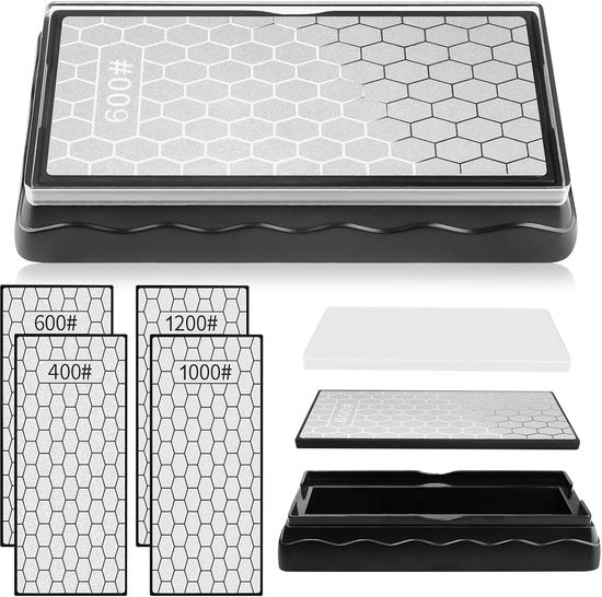 2P Sfregiatore a Diamanti Bifacciale per Affilatura di Coltelli e Utensili da Cucina - Base Antiscivolo - Esterno - 400/1000 Grit e 600/1200 Grit.