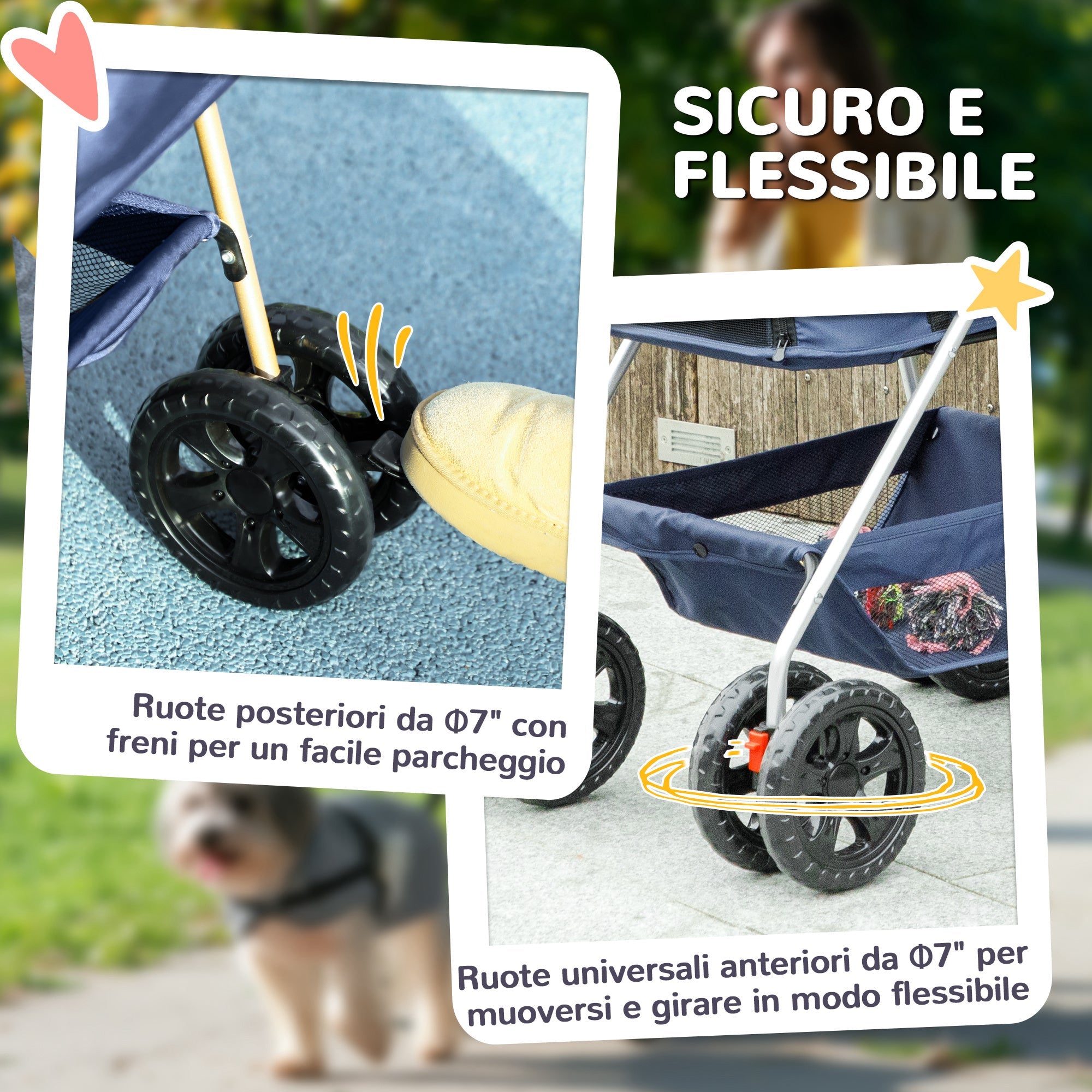 Passeggino per Cani 3 in 1 Pieghevole con Cestino Inferiore Blu