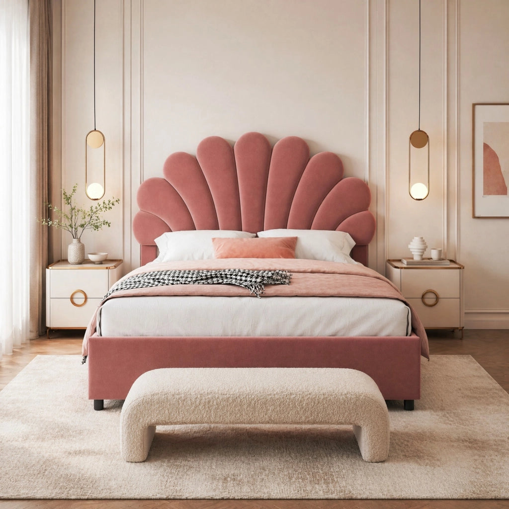 Letto matrimoniale imbottito 140x200 cm rosa con vano contenitore