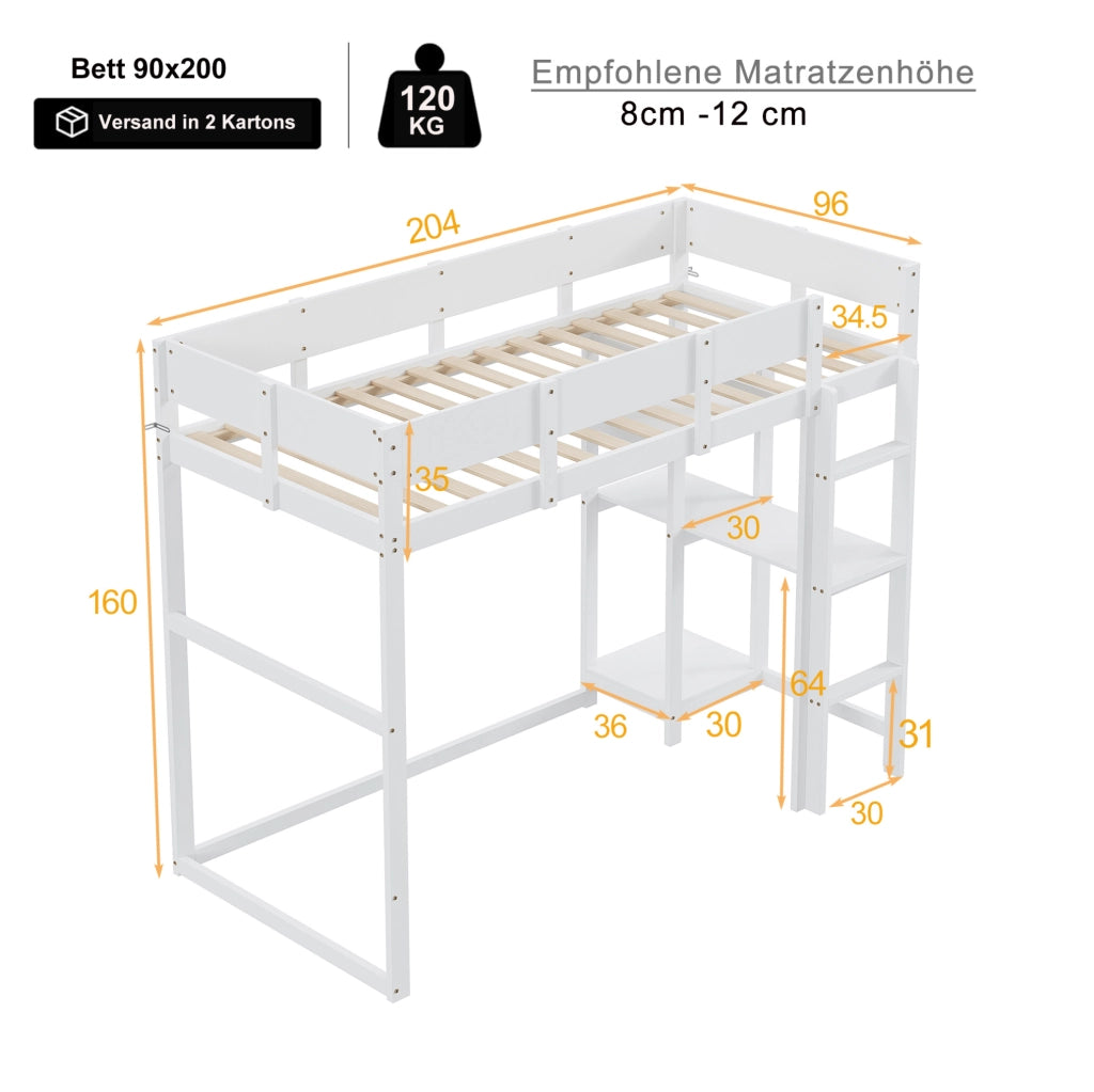 Letto a soppalco per bambini 90x200 cm con ripiano; in pino massello; bianco