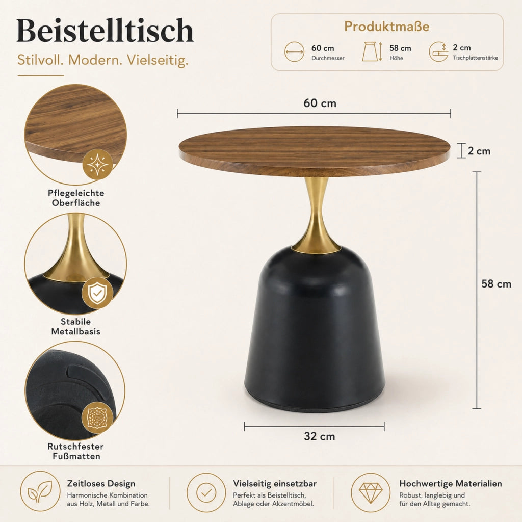 Tavolino rotondo con piano in melamina e base stabile; stile nordico; noce e nero; 70 × 69 × 40 cm