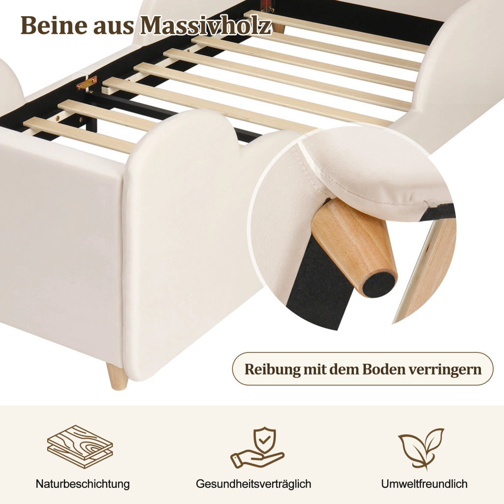 Letto bambino 90x200 cm in velluto beige con sponde imbottite; luce notturna e porte USB e Type-C