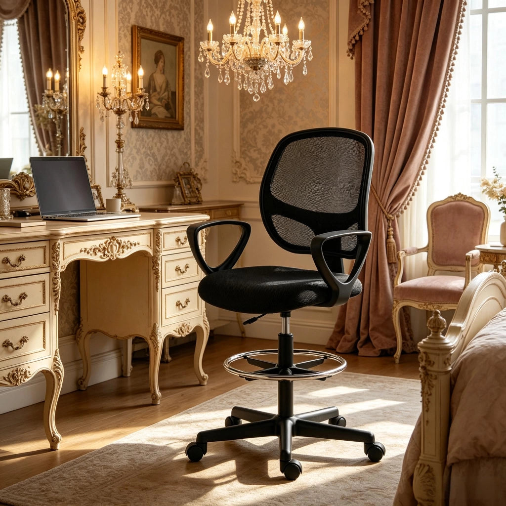 Sedia da ufficio ergonomica con poggiapiedi, schienale in rete, altezza regolabile, nera