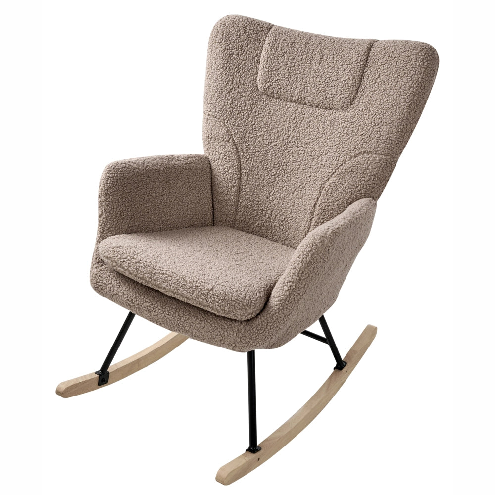 Sedia a dondolo Tessuto bouclé tortora Rivestimento in legno Gambe Pattini Nursery Soggiorno Cottage Scandinavo
