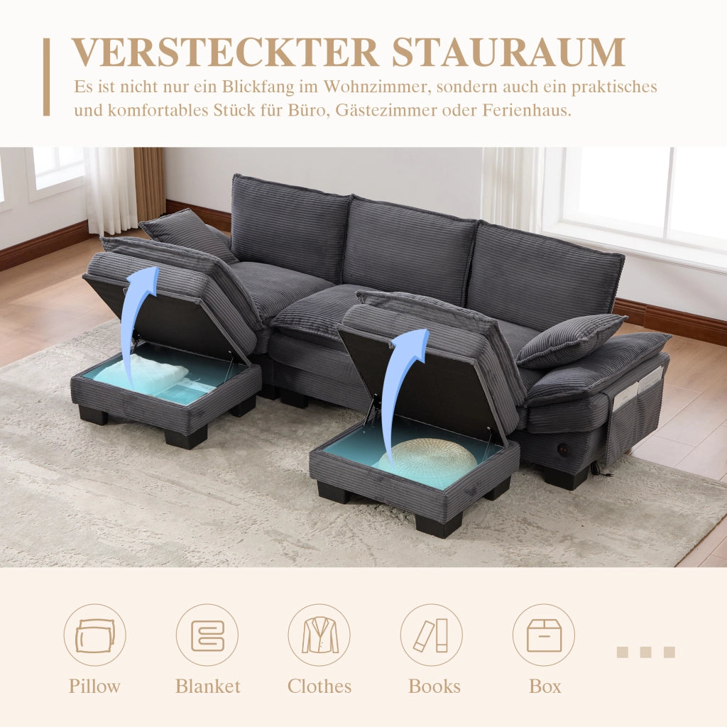 Divano modulare a 3 posti in tessuto corduroy con 2 pouf, seduta ampia ergonomica, USB-C, grigio scuro