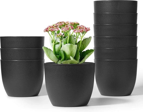 Set di vasi in plastica neri da fiori da 10 cm - Vaso rotondo per piante con sistema di irrigazione - Decorazione per interni e esterni