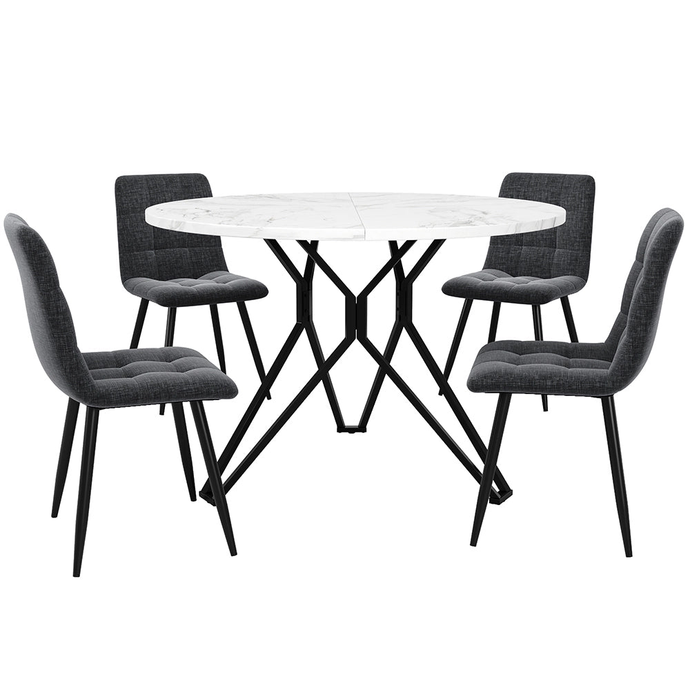 Set tavolo-Xylo-100cm rotondo 4 sedie grigio piedi neri piano marmo MDF