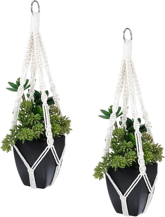Due cestelli da piante appesi per interni boho con corda intrecciata e anelli metallici, supporti per vaso decorativi con corda intrecciata per giardino e casa esterna, dimensione 57cm