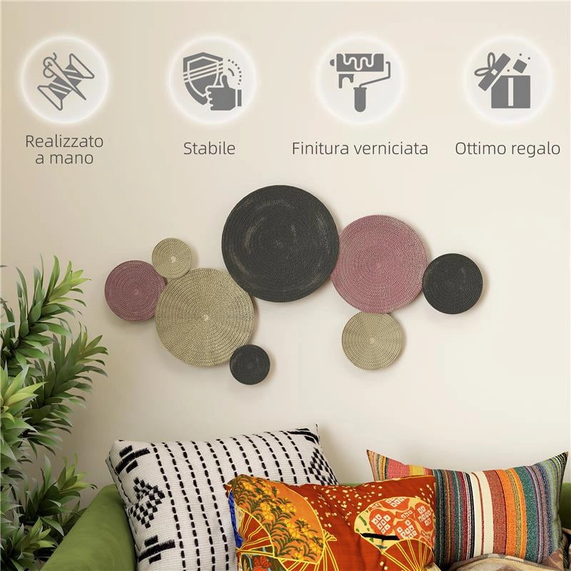WALL ART A 8 DISCHI 3D IN METALLO, 110X7X58 CM, COLOR BRONZO, ARANCIONE E GIALLO