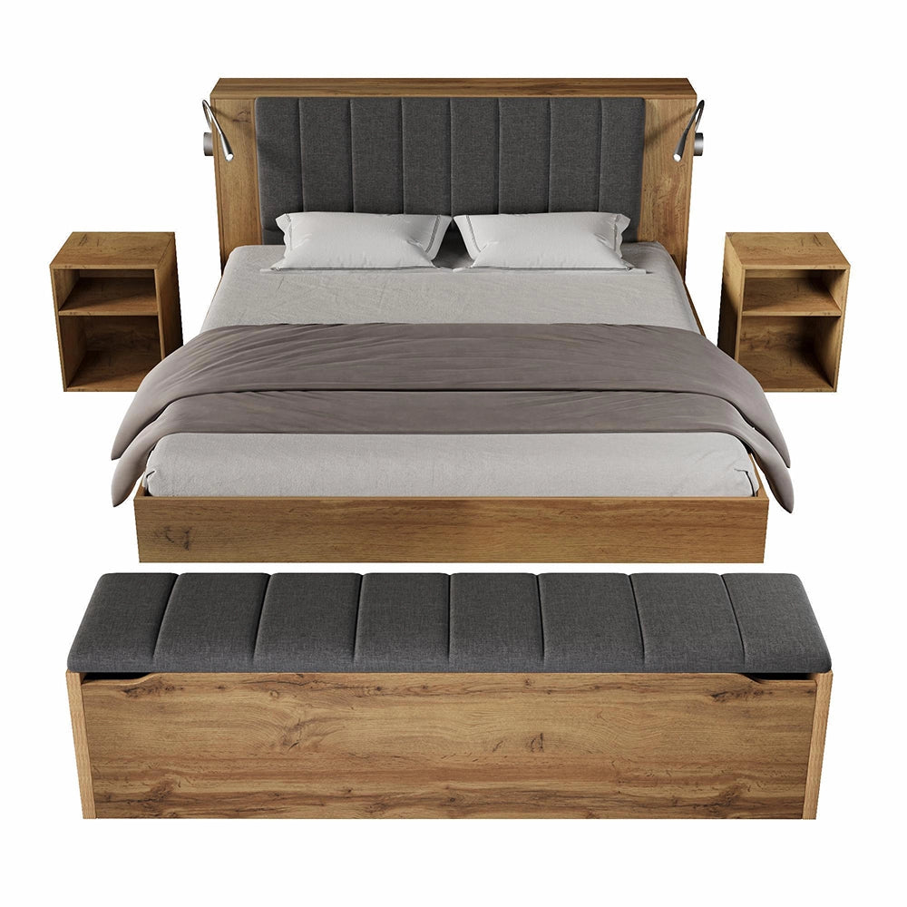 Letto matrimoniale in legno - Xylo - 160x200 cm - Colore quercia - Testiera ribaltabile, contenitore, comodini, lampade USB