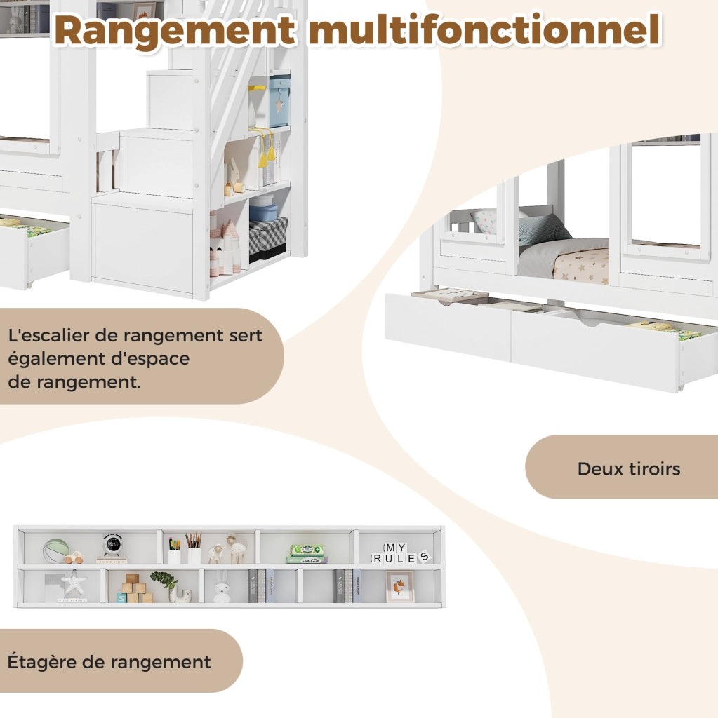 Letto a casetta rialzato per bambini 90x200 cm con scala contenitore; bianco