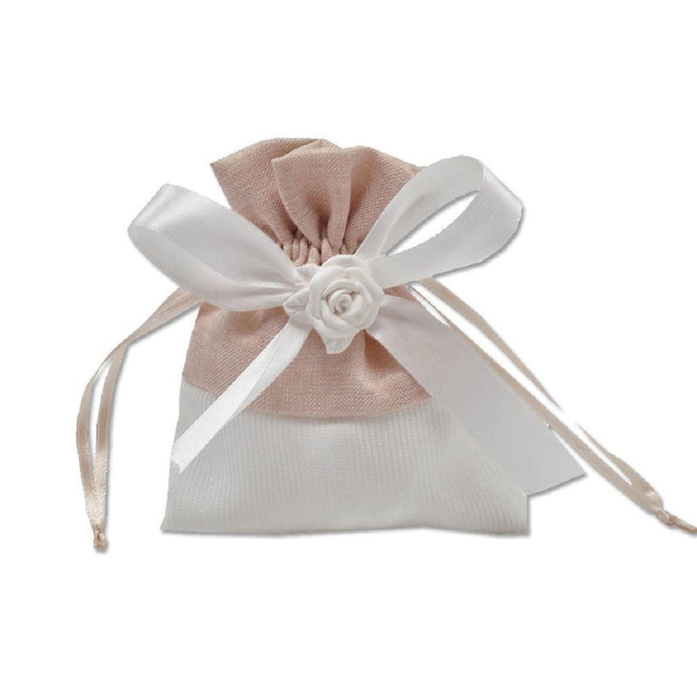 Trade Shop - 12 Sacchetti Stoffa Porta Confetti Rosa Bianca Matrimonio Battesimo Bomboniera - Beige