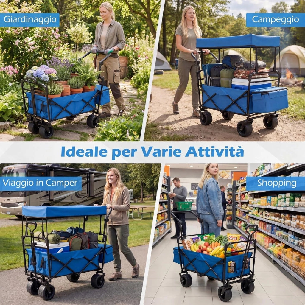 Carrello Pieghevole con Tetto, Carrello Trasportabile con Maniglia Regolabile, Borsa Portaoggetti e Ruote Grandi, Carrello da Giardino Capacità 100L, per Campeggio e Animali Domestici (Blu)