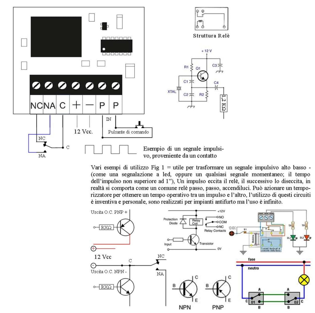 Modulo Amplifica Impulso Debole da 1 Secondo 2 mA Il Primo Impulso Attiva il Relè Scambio 2 A Resistivo Il Secondo lo Disattiva Utile Memorizzatore Comando fino a Reset Aliment. 12 Vac Assorbim. 31 mA