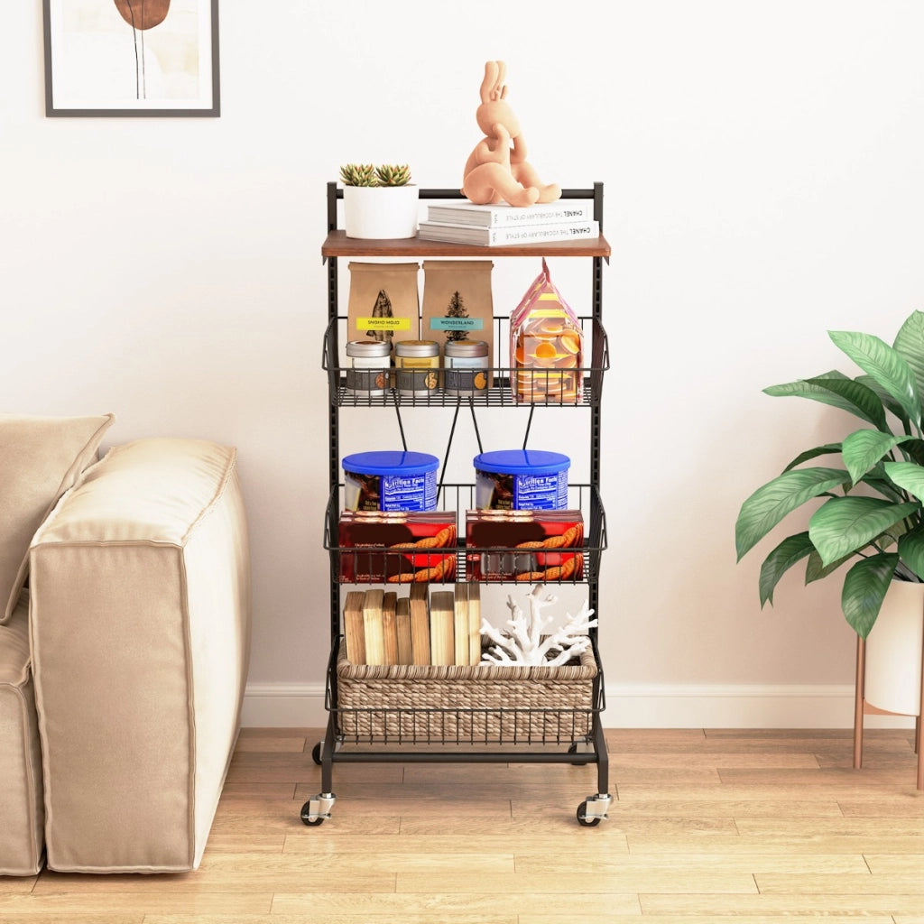 Carrello da cucina con ruote a 4 piani con piano in legno, Carrello con cestini regolabili in altezza e rimovibili-Carrelli