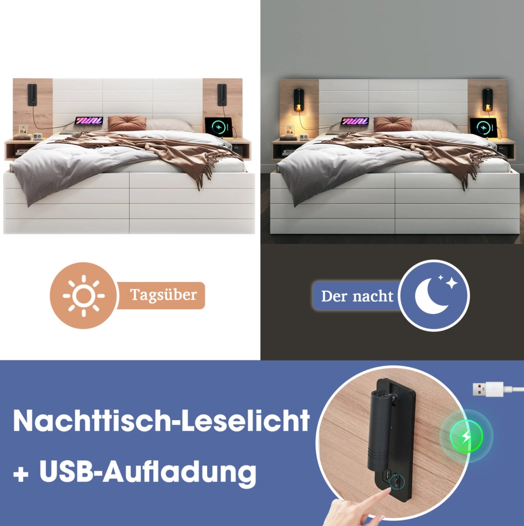 Letto matrimoniale 180x200 cm con USB; luce da lettura e 2 cassetti; legno massello e MDF; bianco rovere
